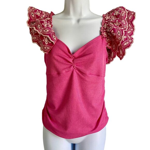 Bunulu Pink Ribbed Textured Top with Detailed Short Sleeves Women's Small - Picture 2 of 11